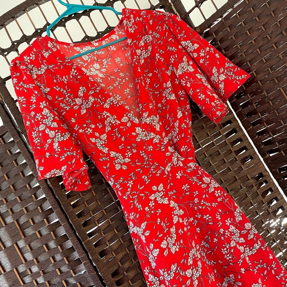 Red with White Flower Wrap Dress - Size Womens Large